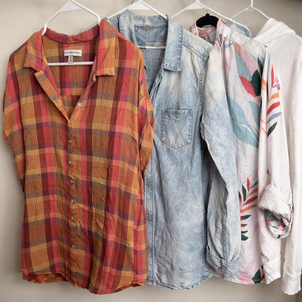 Casual Women’s 4-Piece Top Bundle | Plaid, Denim & Printed | Size L/XL